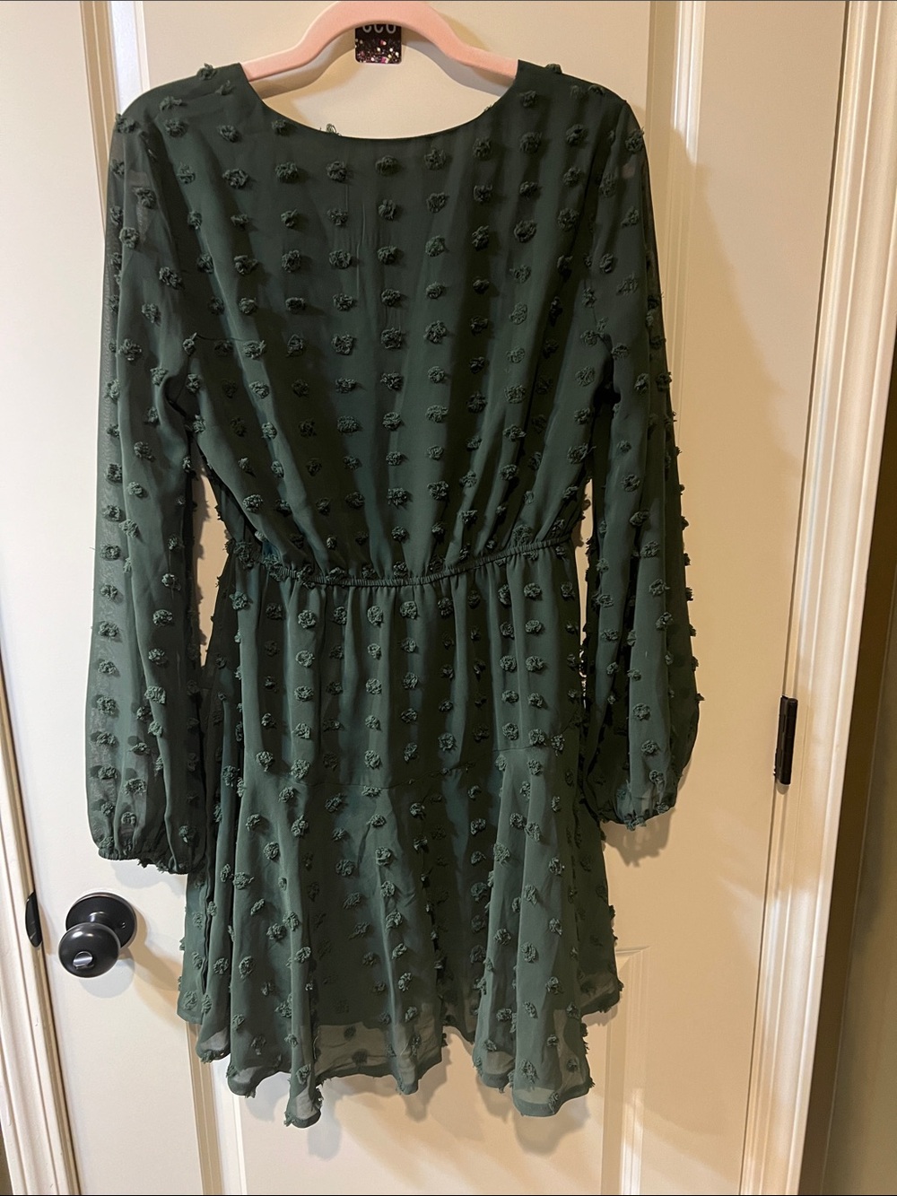 Women’s Textured Long Sleeve Tie-Waist Dress in Dark Green H059. - Picture 7 of 9